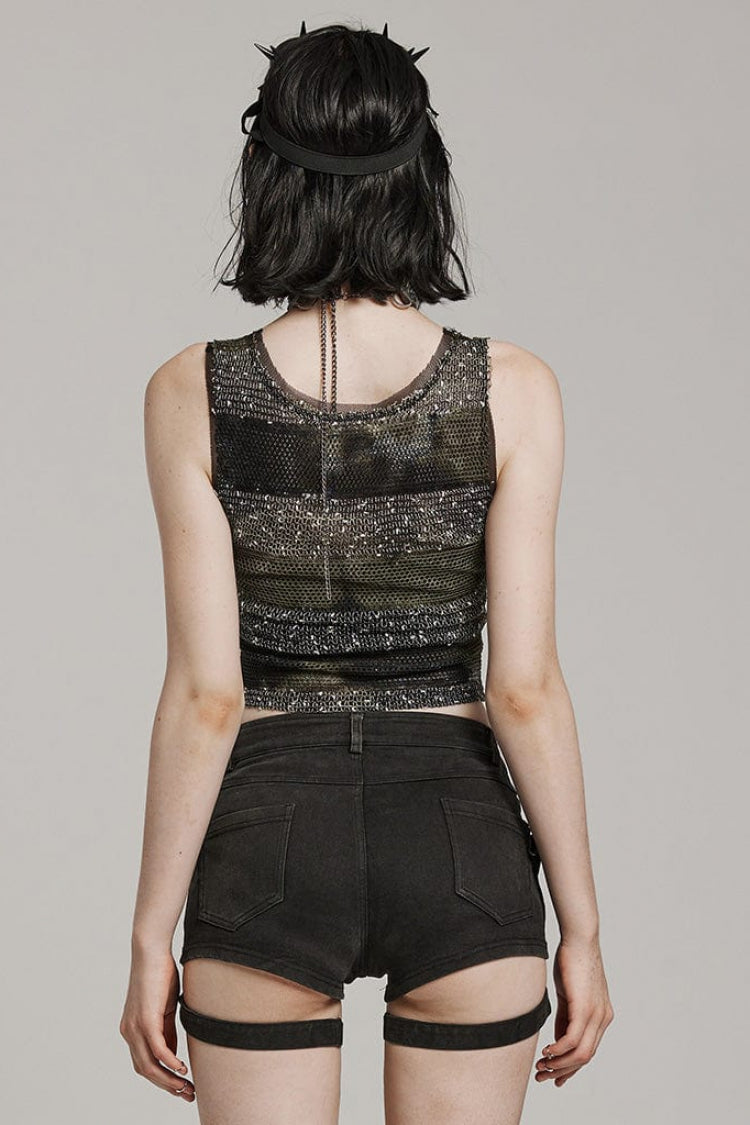 Black/Green Round Collar Sleeveless Hollow Slim Striped Womens Daily Steampunk Vest - Product - 3
