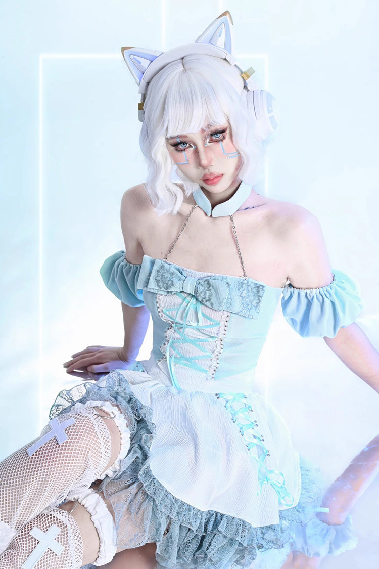 White [Virtual Idol] Ruffle Lace Lace-Up Sweet Lolita Skirt - Product - 5