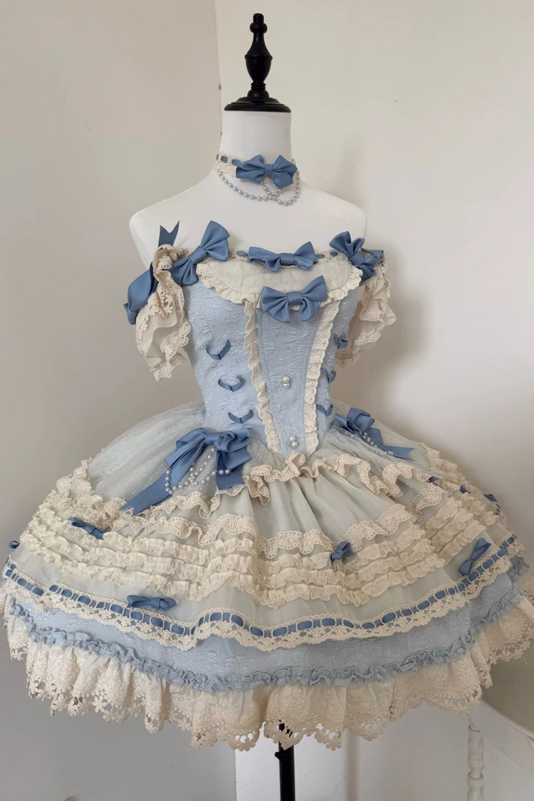[Wind Chime Poem] Square Collar Flutter Sleeves Triple-Layered Printed Ruffled Bow Sweet Lolita Jsk Dress 4 Colors (Blue, Pink, Purple, Green) - Blue - 26