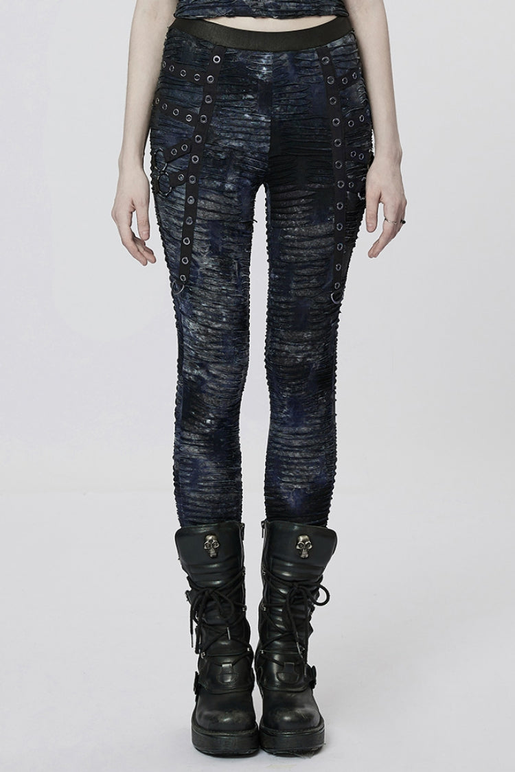 Slim Ripped Tie-dyed Metal Loop Women's Steampunk Leggings 2 Colors - Black/Blue - 1