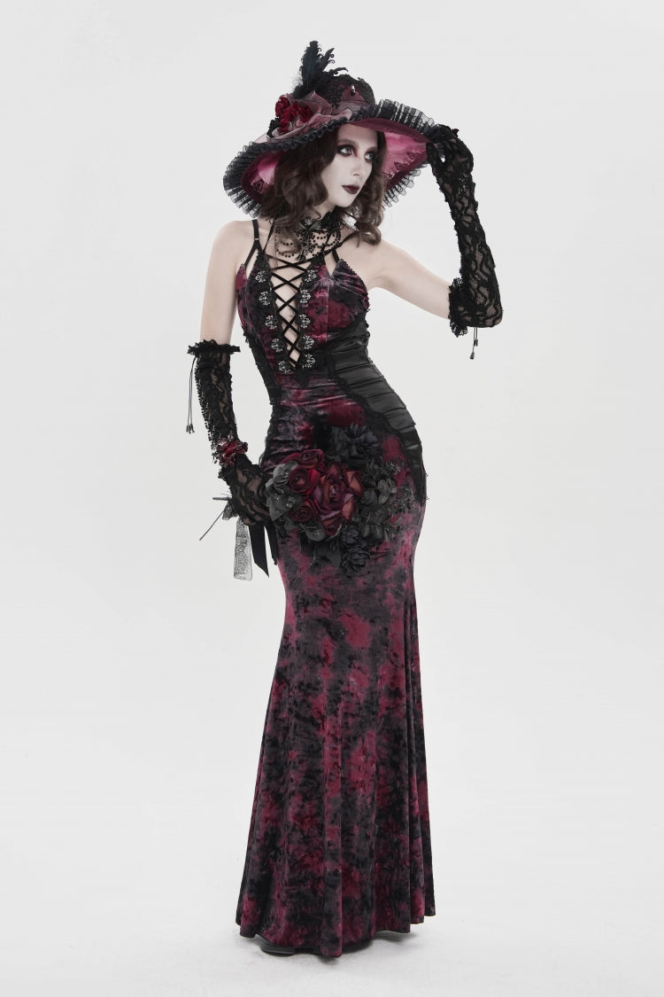 Black/Red Off Shoulder Halterneck Printed Hanayome Lace Lace-Up Slim Pleated Women's Gothic Jsk Dress - Product - 12