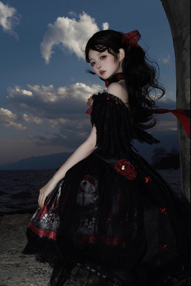 Red [Dark Moon Corridor] Print Embroidery Gothic Lolita Dress Skirt - Product - 12