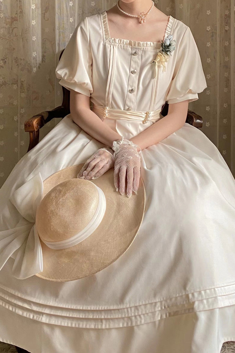 Apricot [Random Thoughts] Square Collar Short Sleeves Ruffle Classic Vintage Elegant Lolita Dress - Product - 7