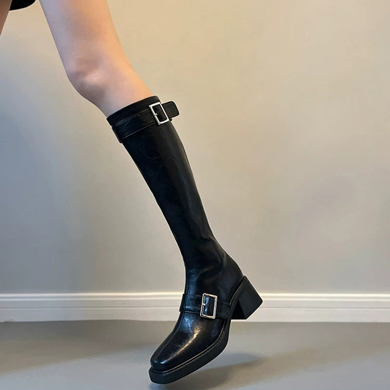 Classic PU Buckled Lolita Knee-High Boots 2 Colors (Black, Brown) - Product - 2