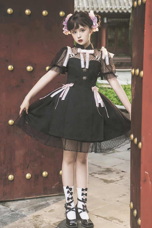 Chinese Style Stand Collar Lace Puff Short Sleeve Delicate Sweet Lolita Dress - Black - 6