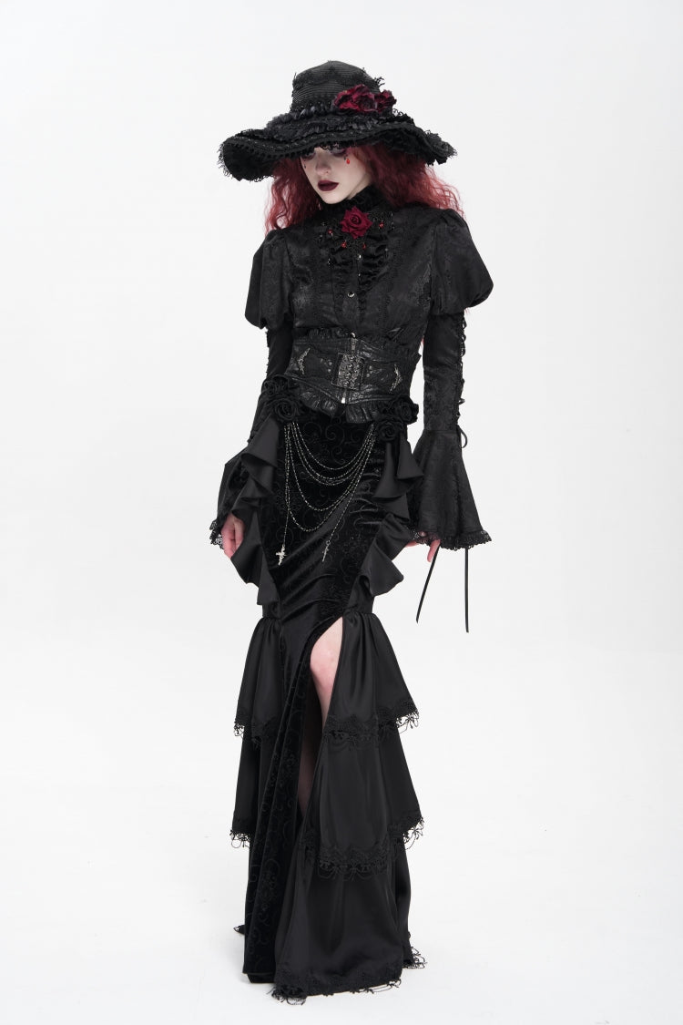 Black Floral Print Lace-Up Rose Chain Women's Gothic Fishtail Skirt - Product - 9