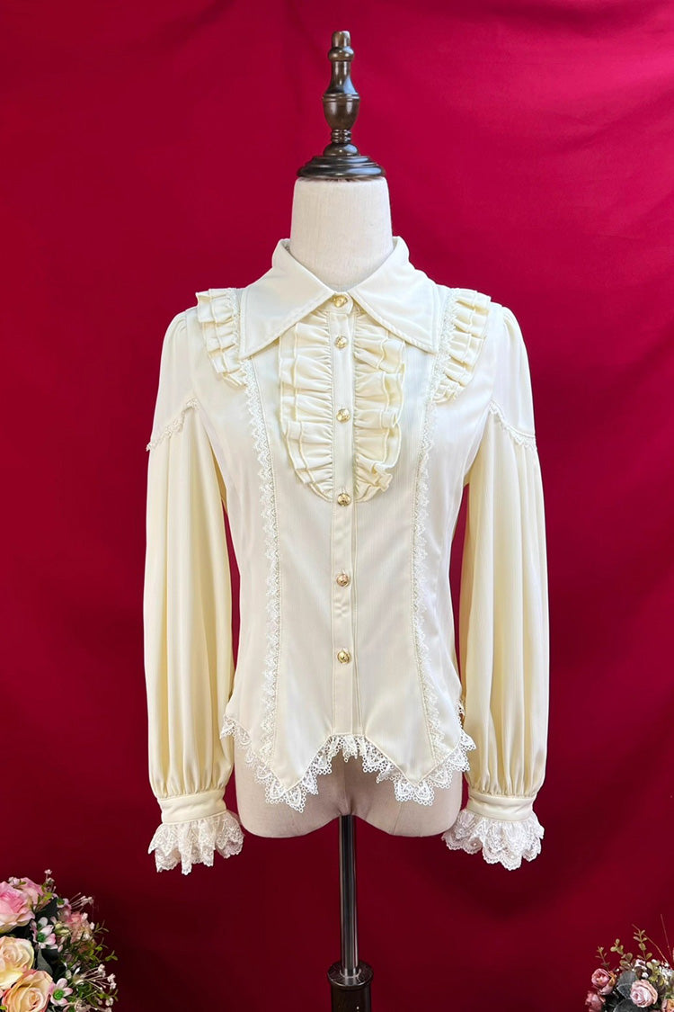 [Late Night] Lapel Collar Long Sleeves Ruffle Lace Slim Sweet Lolita Blouse 6 Colors - Apricot - 11