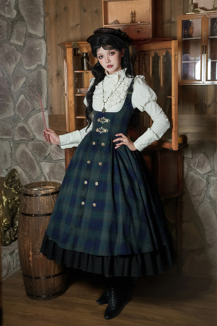 Blue/Green [Berlin's letter] Double-Layered Plaid Print Ruffle Bowknot Classic College Style Lolita Strap Dress Set 2 Versions - Product - 2