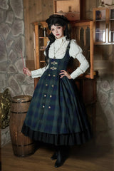 Blue/Green [Berlin's letter] Double-Layered Plaid Print Ruffle Bowknot Classic College Style Lolita Strap Dress Set 2 Versions - Product - 2