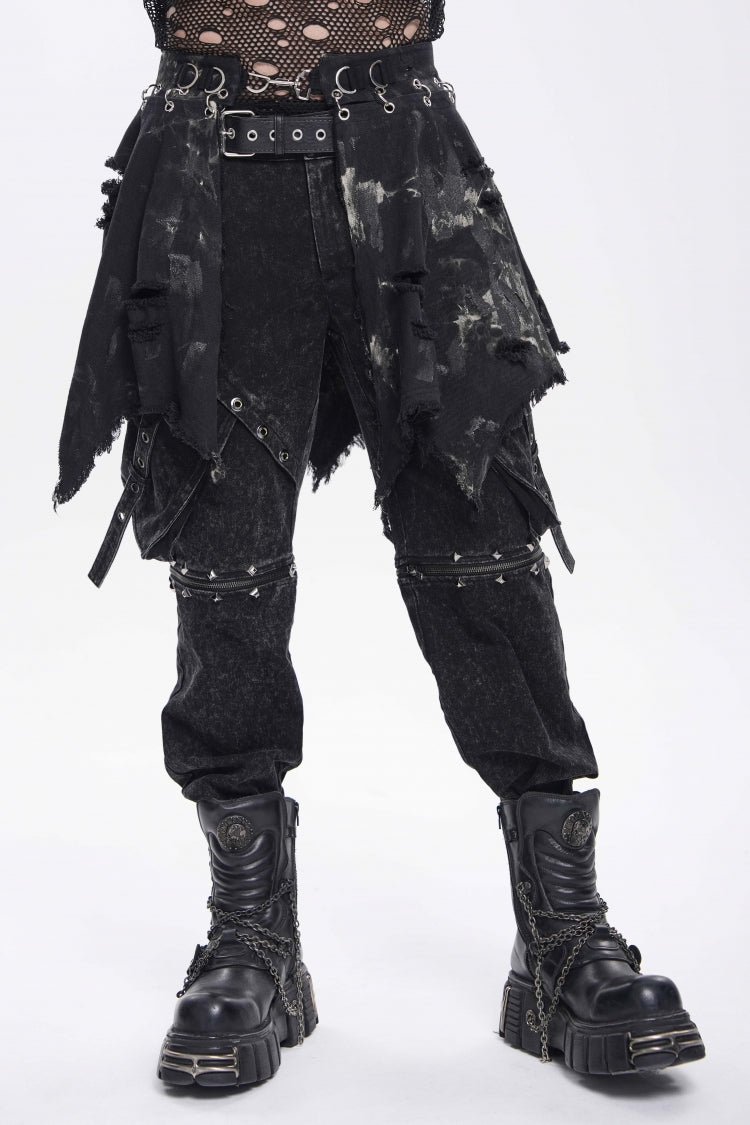 Black Irregular Ripped Buckled Pleated Chain-Decorated Men's Punk Skirt - Product - 10