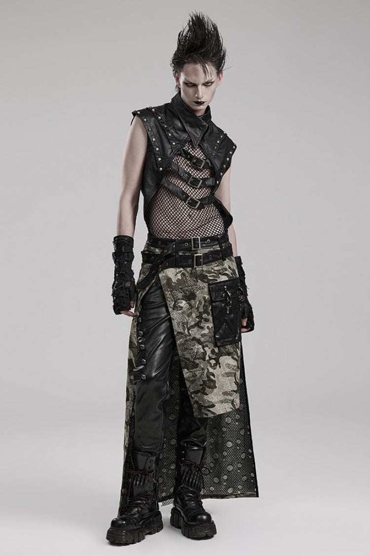 Black Faux Leather Stitching Mesh Sheer Metal Rivets Mens Steampunk Vest - Product - 4