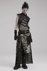 Black Faux Leather Stitching Mesh Sheer Metal Rivets Mens Steampunk Vest - Product - 4