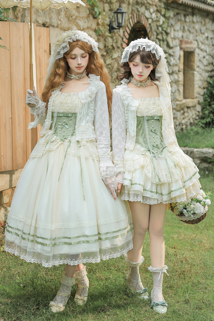 Green Square Collar Sleeveless Multi-Layered Ruffled Bow Lace Fishbone Sweet Lolita Jsk Dress 2 Versions - Product - 8