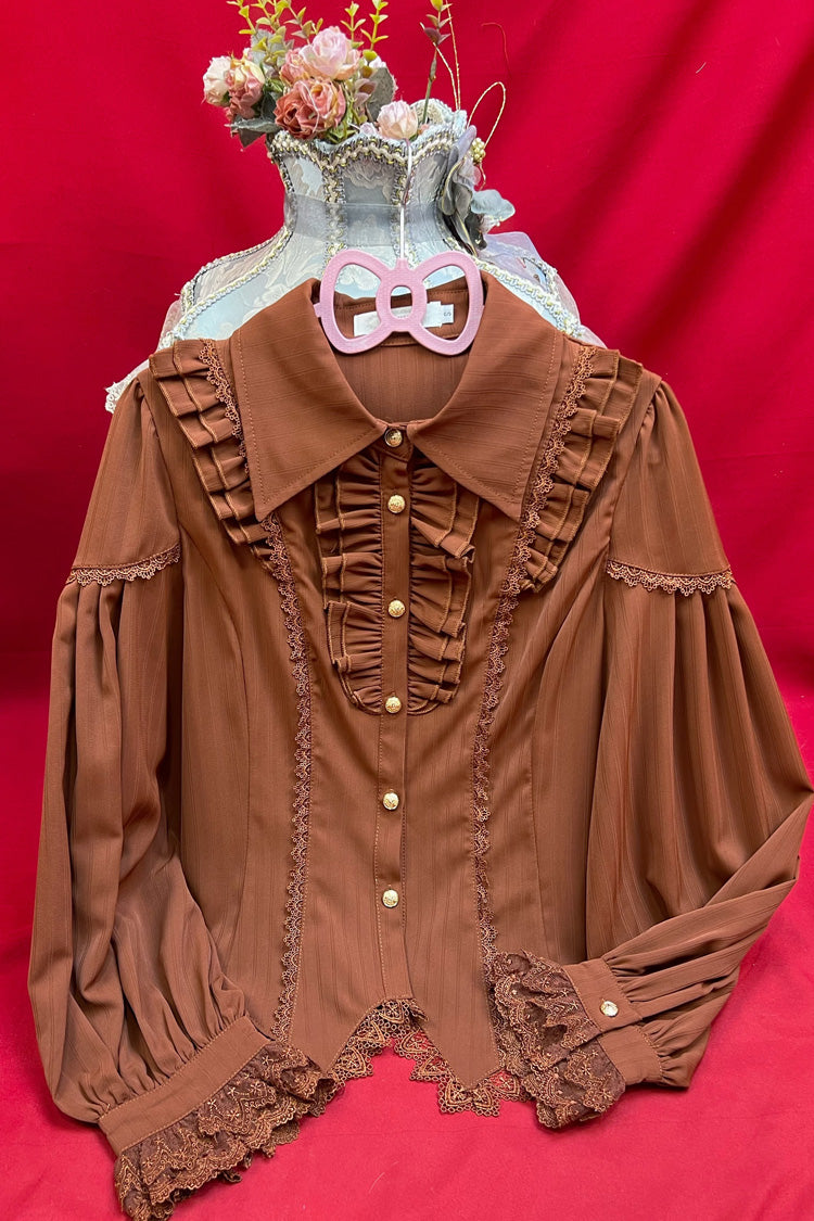 [Late Night] Lapel Collar Long Sleeves Ruffle Lace Slim Sweet Lolita Blouse 6 Colors - Product - 9