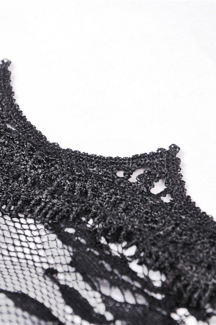 Black Long Trumpet Sleeves Sheer Floral Lace Women's Gothic Maxi Cloak with Belts - Product - 15