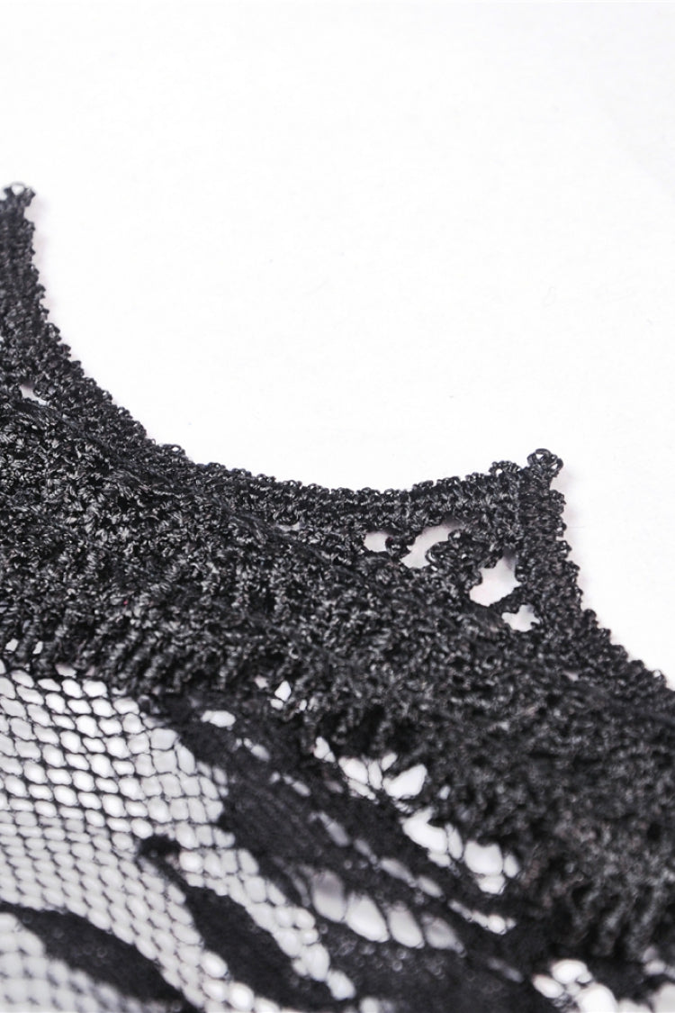 Black Long Trumpet Sleeves Sheer Floral Lace Women's Gothic Maxi Cloak with Belts - Product - 15