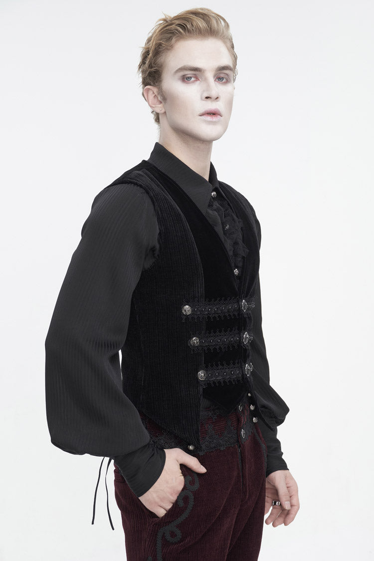 Black Velvet Irregular Splice Corduroy Men's Gothic Waistcoat - Product - 3