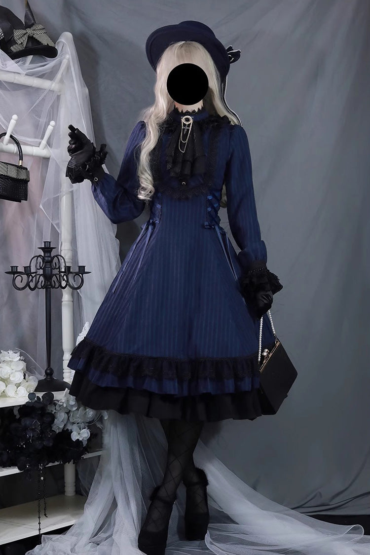 Point Manor Solid Color Stand Collar Long Sleeves Multi-layer Ruffle Gothic Lolita Dress 5 Colors - Blue - 20