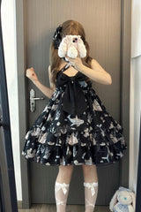 [Ocean Sweetheart] Halterneck Sleeveless Triple-Layered Printed Ruffled Bow Lace Sweet Lolita Strap Dress 5 Colors - Product - 11