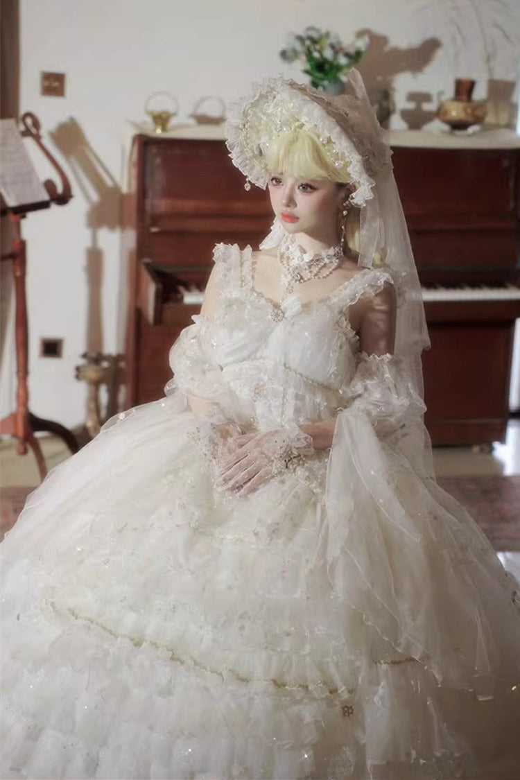 White [Dreamy Waltz] Sleeveless Multi-Layered Ruffled Hanayome Bow Lace Chiffon Gothic Gorgeous Lolita Jsk Dress - Product - 7