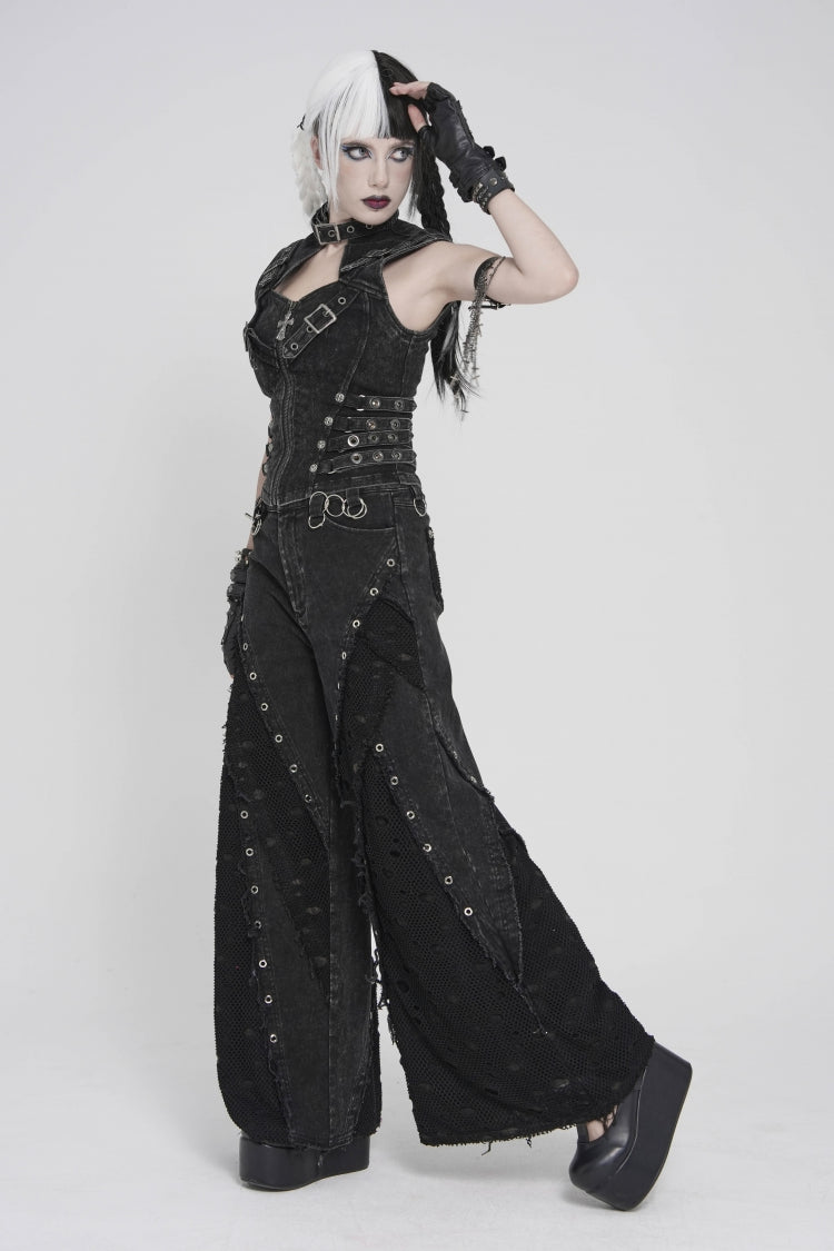 Black Cut-Out Spliced Mesh Eyelet Women's Punk Layered Ripped Pants - Product - 2
