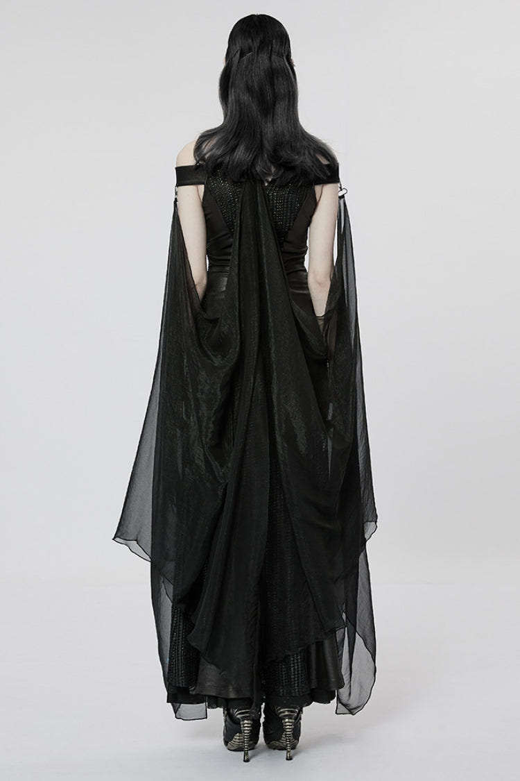 Black Side Slit Hollow Lace-Up Slim Mesh Women's Gothic Dress with Detachable Cape - Product - 4