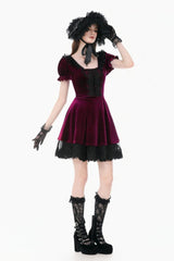 Wine Red Square Collar Short Puff Sleeves Velvet Patchwork Lace Lace-Up Women's Gothic Dress - Product - 10
