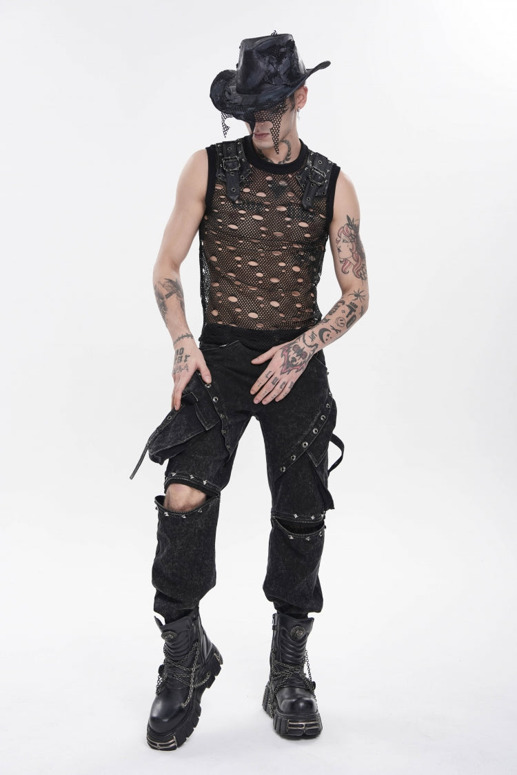 Black Round Collar Sleeveless Cut-Out Mesh Ripped Chain-Decorated Eyelet Men's Punk Cool Vest - Product - 12