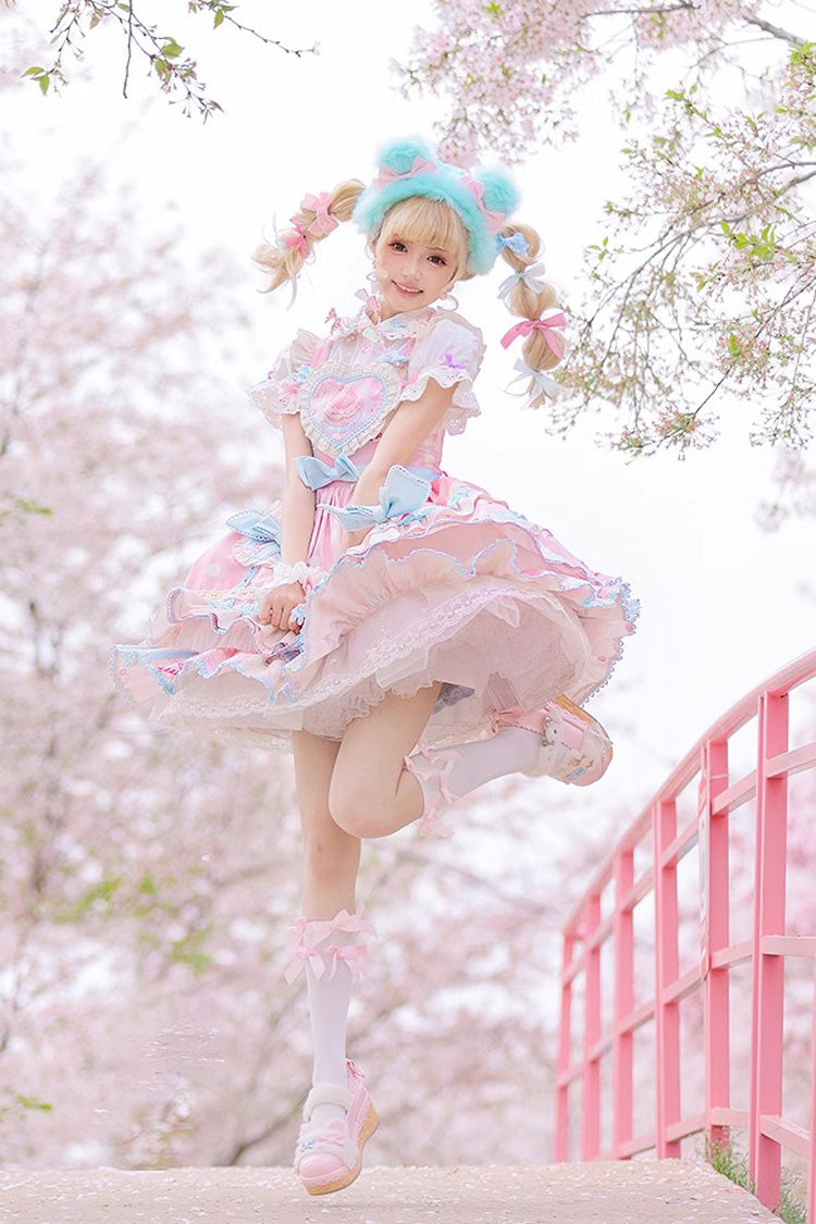 Pink Multi-layer Frosted Sugar Sweetheart Print Bowknot Sweet Lolita Jsk Dress - Product - 7