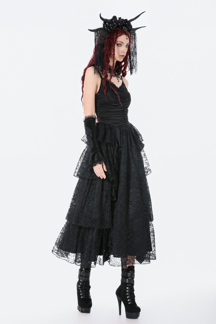Black Sleeveless Multi-Layered Lace Ruched Women's Gothic Slip Maxi Dress Wedding Dress - Product - 10