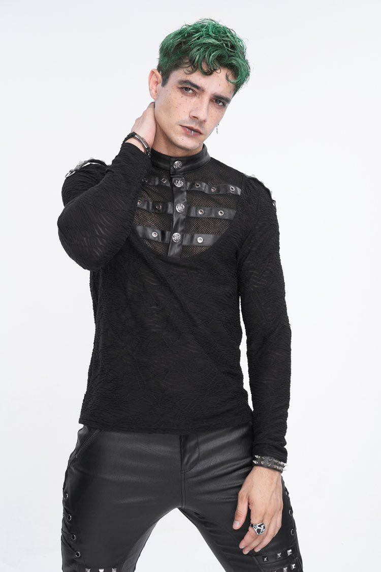 Black Stand Collar Mesh Splice Men's Punk Shirt - Product - 3