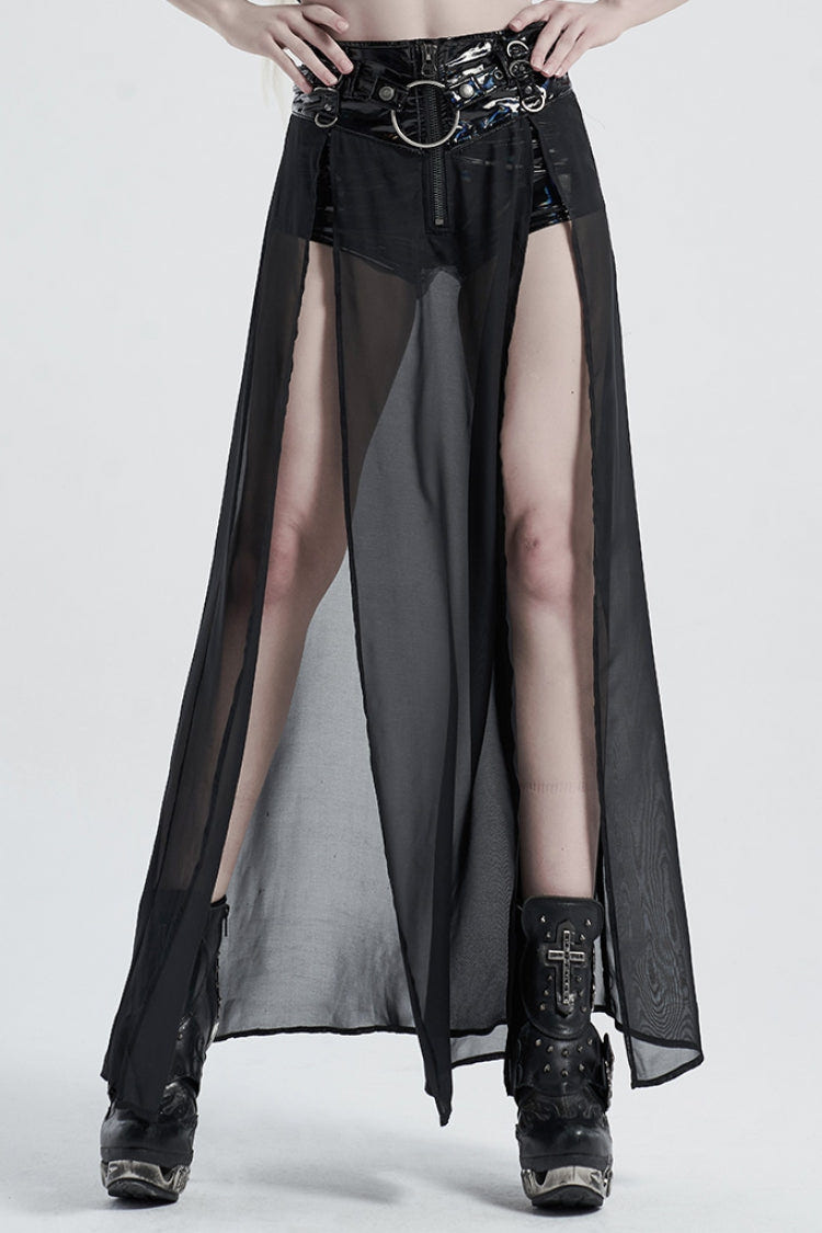 Fake Two Pieces PU Leather Stitching Sheer Women's Steampunk Skirt 2 Colors - Black/Bright - 1