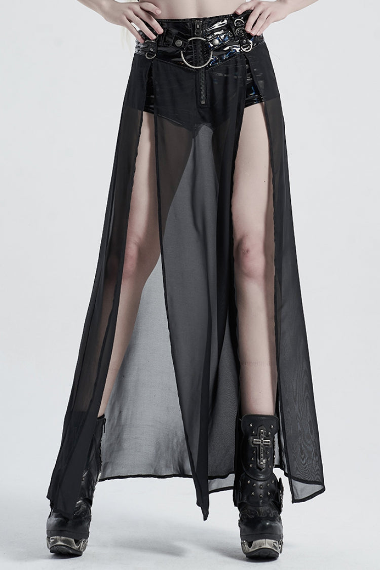 Fake Two Pieces PU Leather Stitching Sheer Women's Steampunk Skirt 2 Colors - Black/Bright - 1