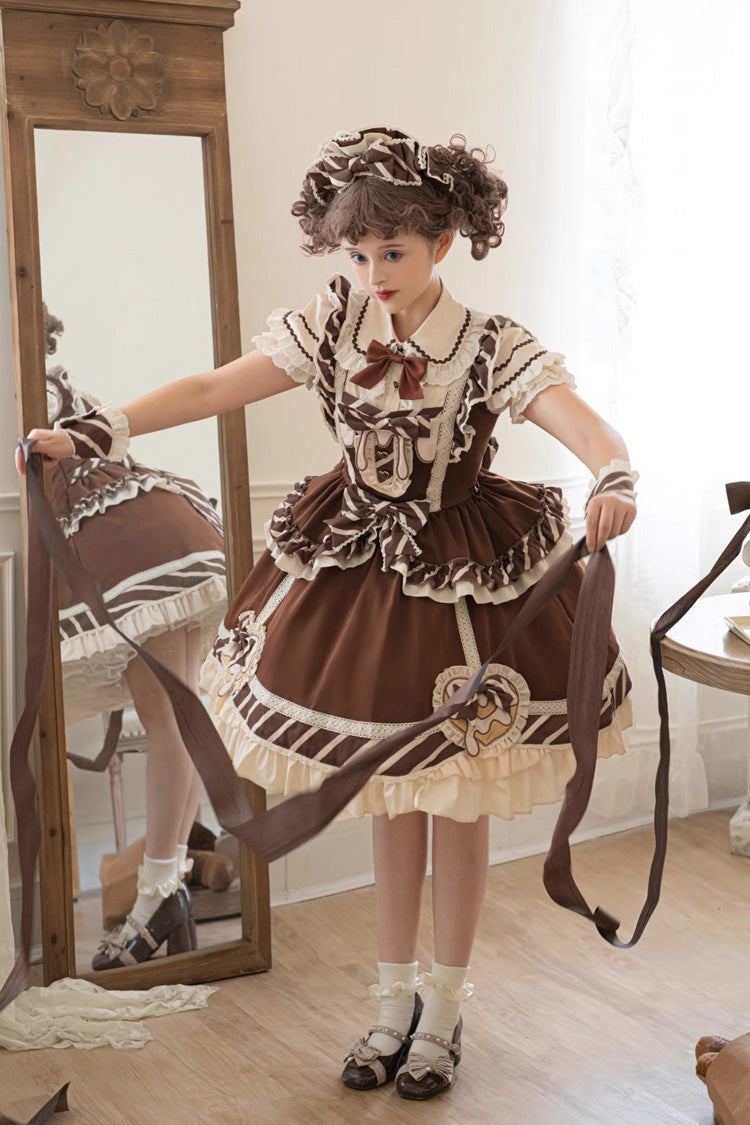 Brown Short Sleeves Print Ruffle Bowknot Sweet Princess Lolita Jsk Dress Set - Product - 8