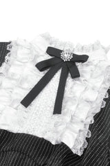 Black/White Striped Ruffled Lace Stand Collar Bow Long Sleeves Lace-Up Women's Gothic Lolita Graduation Dress - Product - 20