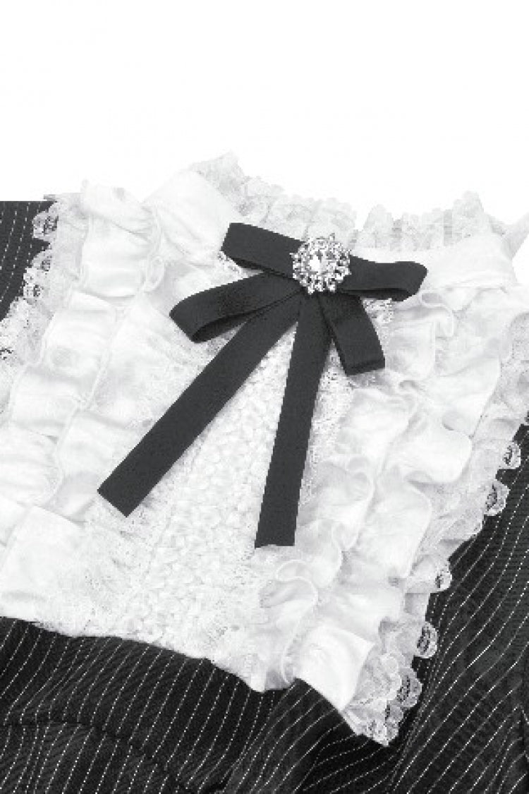 Black/White Striped Ruffled Lace Stand Collar Bow Long Sleeves Lace-Up Women's Gothic Lolita Graduation Dress - Product - 20