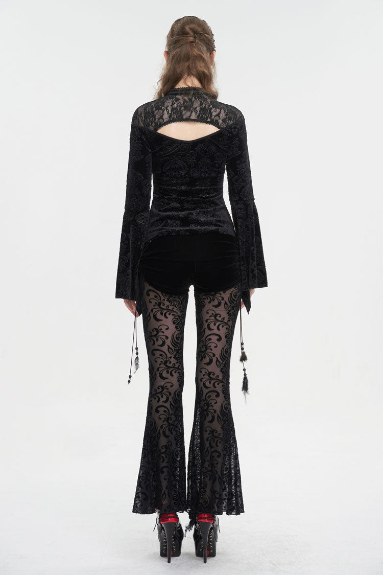 Black Lace Cutout Round Collar Flared Sleeved Floral Embossed Women's Gothic Shirt - Product - 8
