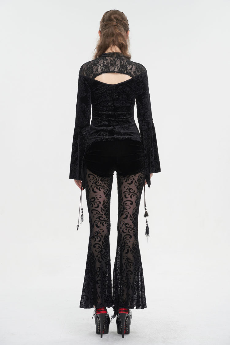 Black Lace Cutout Round Collar Flared Sleeved Floral Embossed Women's Gothic Shirt - Product - 8