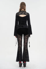 Black Lace Cutout Round Collar Flared Sleeved Floral Embossed Women's Gothic Shirt - Product - 8