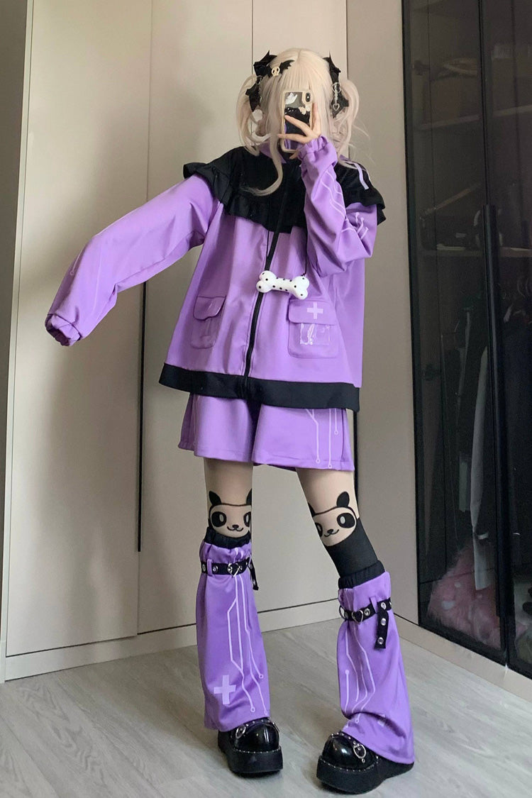 Purple Long Sleeves Cat Ears Hooded Jirai Kei Japanese Shorts Coat Set - Product - 6