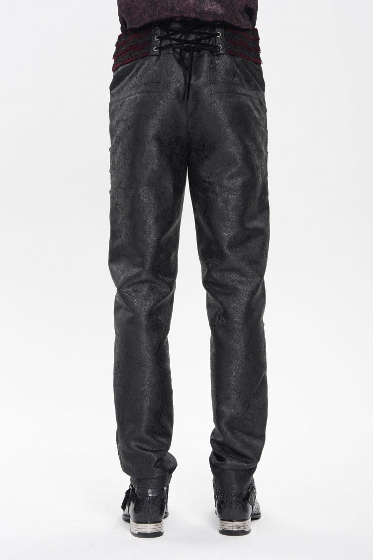 Black/Red Jacquard Spliced Lace-Up Slim Men's Gothic Velvet Palace Pants - Product - 6