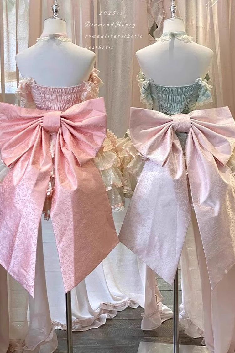 Green [Flower Language of Eros] Halterneck Multi-Layered Ruffle Bowknot Rose Lace Lace-Up Sweet Ballet Lolita Jsk Dress - Product - 11