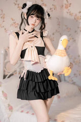 Black/Pink Summer Sweetheart Triple-Layered Ruffled Bow Sweet Lolita Bubble Swimsuit - Product - 10