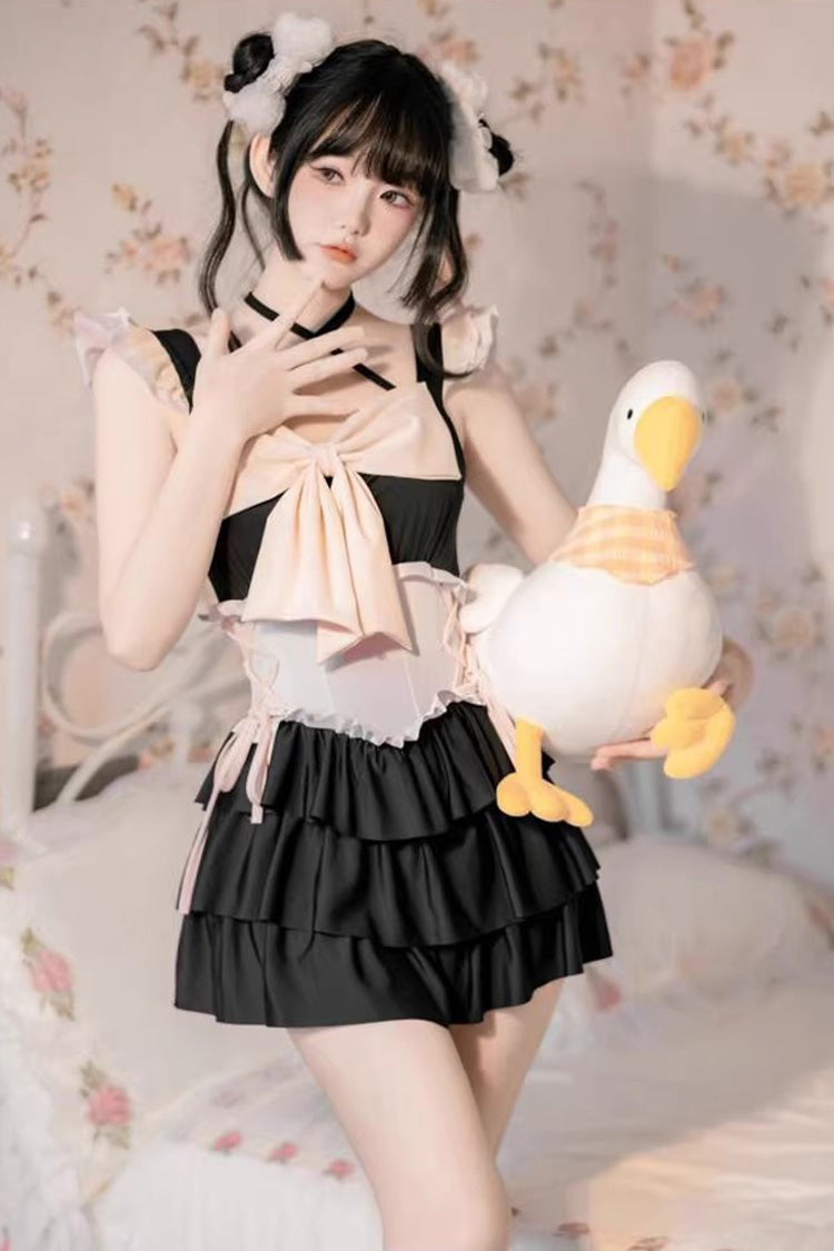 Black/Pink Summer Sweetheart Triple-Layered Ruffled Bow Sweet Lolita Bubble Swimsuit - Product - 10