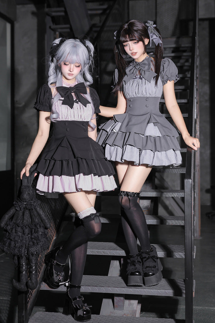 Classic Square Collar Halterneck Short Sleeves Triple-Layered Printed Ruffled Bow Cool Lolita Dress Set 2 Colors(Black, Grey) - Product - 6