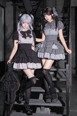 Classic Square Collar Halterneck Short Sleeves Triple-Layered Printed Ruffled Bow Cool Lolita Dress Set 2 Colors(Black, Grey) - Product - 6