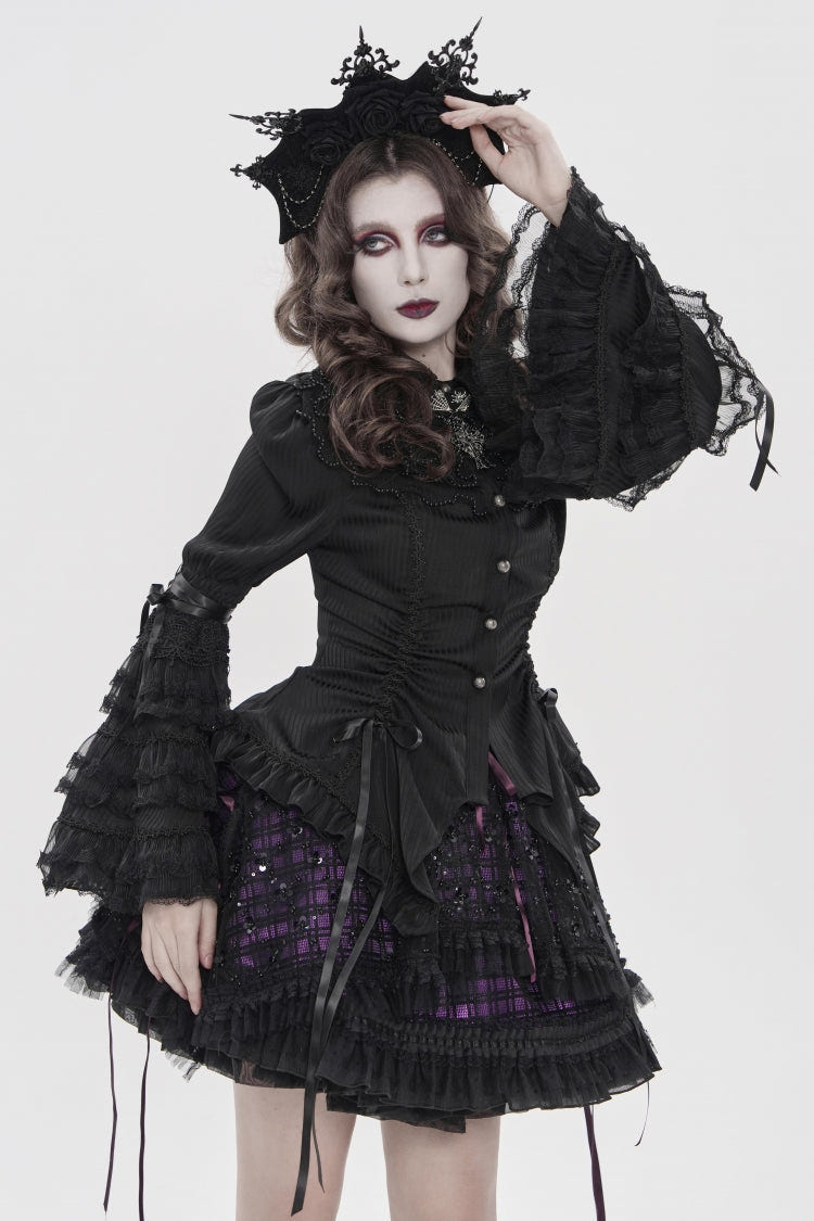 Black Lapel Collar Long Trumpet Sleeves Lace Lace-Up Women's Gothic Blouse - Product - 8