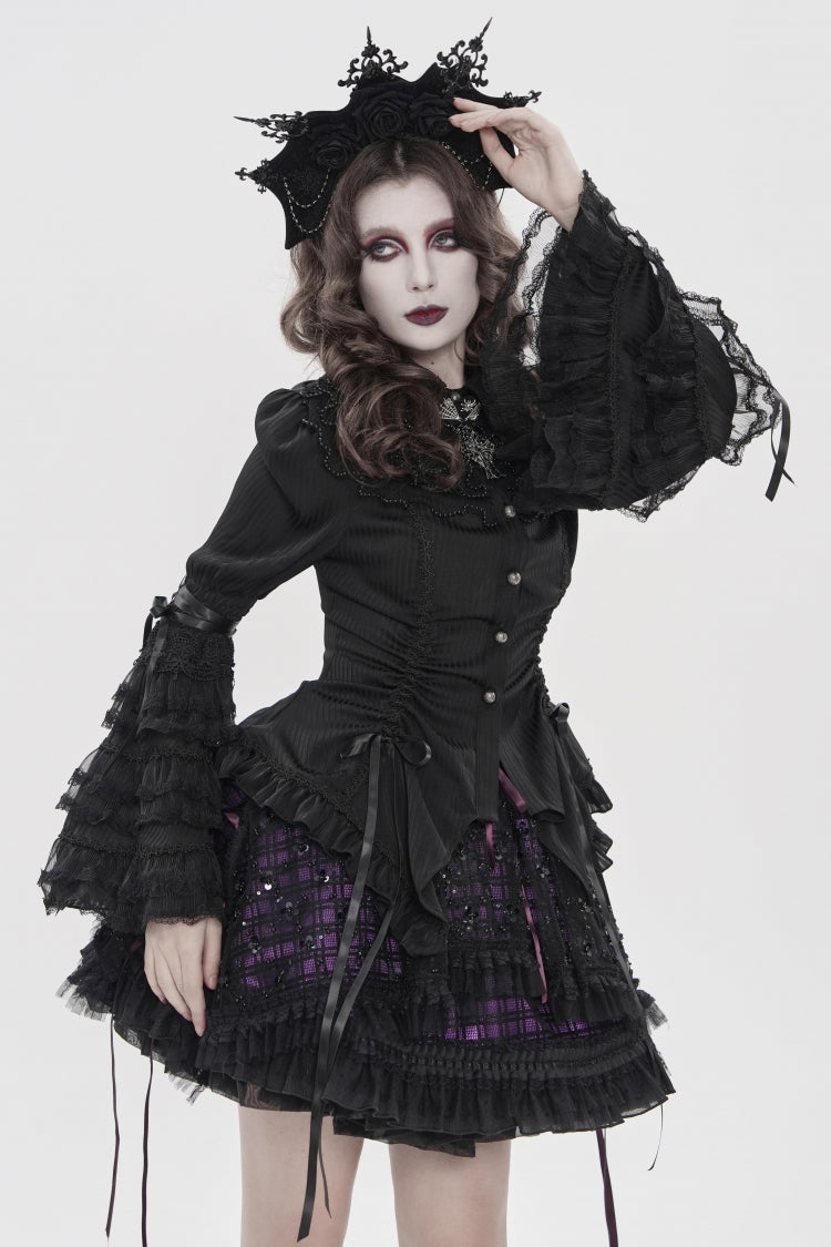 Black Lapel Collar Long Trumpet Sleeves Lace Lace-Up Women's Gothic Blouse - Product - 8