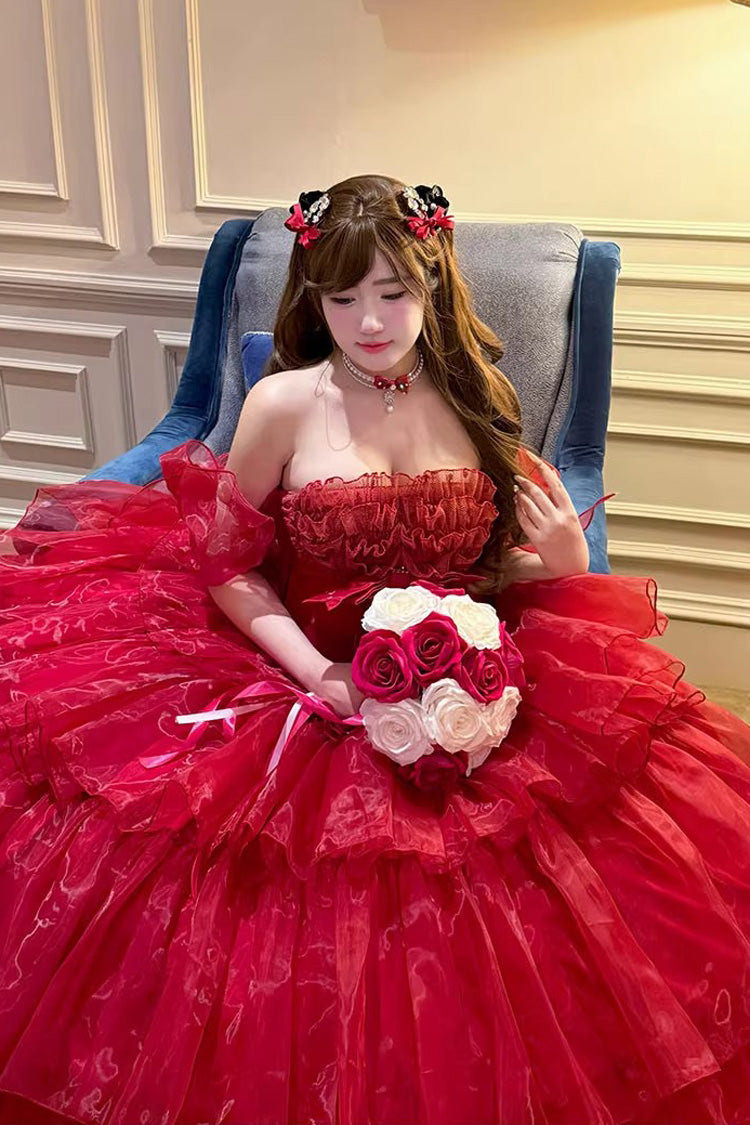 Red [Mousse Love Song] Sleeveless Multi-Layered Ruffled Hanayome Bow Sweet Lolita Dress - Product - 9