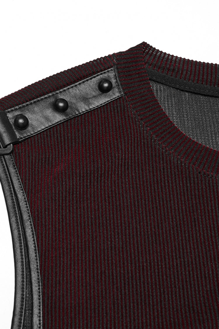 Black/Red Round Collar Sheer Mesh Color Matching Rivet Men's Punk Vest - Product - 5